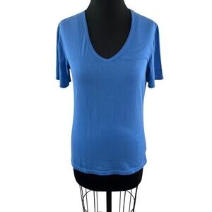 BMW Womens Blue Short Sleeve T-Shirt Cotton Blend Rounded V-Neckline Size S